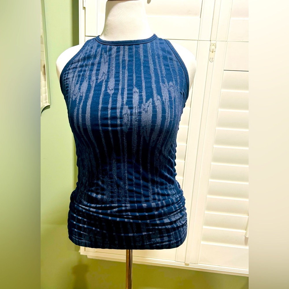 Athleta euc, blue ruched razorback stretch tank top, sz XL